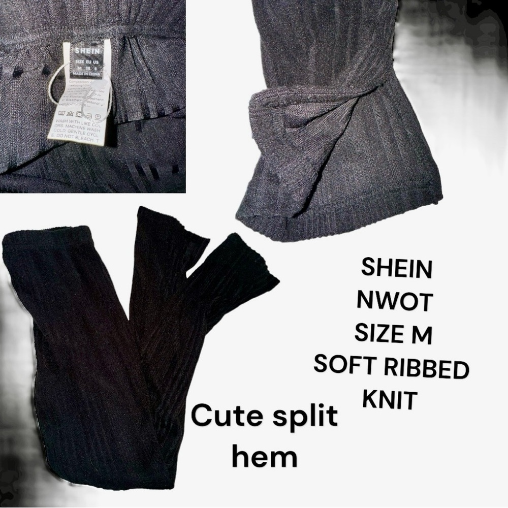 NWOT SHEIN Athletic Pants Black Split Hem Soft Ribbed Knit Leggings Size Medium - Picture 3 of 5